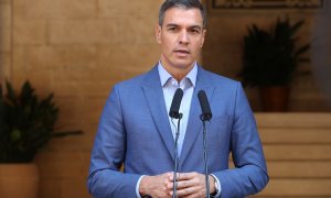 16/08/2022 El presidente del Gobierno, Pedro Sánchez, comparece después de su reunión con el rey Felipe VI, en el Palacio de la Almudaina, a 2 de agosto de 2022, en Palma de Mallorca, Illes Balears.