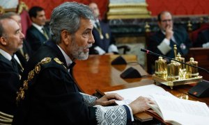 El presidente del Tribunal Supremo y del Consejo General del Poder Judicial, Carlos Lesmes durante la toma de posesión del nuevo fiscal general del Estado, Álvaro García Ortiz, a 5 de septiembre de 2022.