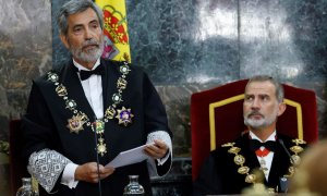 El presidente del Tribunal Supremo, Carlos Lesmes, ante el rey Felipe, interviene en el acto de apertura del Año Judicial en la sede del Tribunal, en Madrid, a 7 de septiembre de 2022.