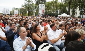 11/09/2022 El líder de ERC, Oriol Junqueras; la presidenta de JxCat, Laura Borràs, y el secretario general, Jordi Turull, asisten al acto organizado por Òmnium Cultural con motivo de la Diada del 11 de septiembre, este domingo en Barcelona