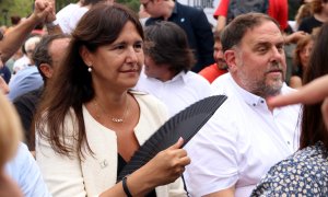 La presidenta de Junts, Laura Borràs, i el president d'ERC, Oriol Junqueras, a l'acte d'Òmnium per la Diada.