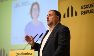 El president d'ERC, Oriol Junqueras, durant la seva intervenció al Consell Nacional del partit aquest matí, amb Marta Rovira al fons en la connexió des de Ginebra.