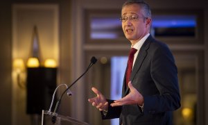 04/10/2022-El gobernador del Banco de España, Pablo Hernández de Cos, interviene durante la V Jornada de Banca del periódico 'elEconomista’, en el Hotel Villa Magna de Madrid, a 4 de octubre de 2022, en Madrid