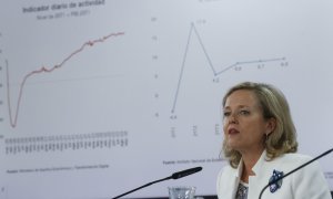 La vicepresidenta primera del Gobierno y ministra de Economía, Nadia Calviño durante la rueda de prensa tras el Consejo de Ministros en el que se aprobaron los Presupuestos Generales del Estado para 2023. EFE/ Juan Carlos Hidalgo