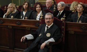 El presidente del Consejo General del Poder Judicial (CGPJ), Rafael Mozo, asiste a la ceremonia de jura o promesa de Dolores Delgado, como fiscal de Sala de la Fiscalía Togada del Tribunal Supremo, y Ana García León, como fiscal jefa de la Secretaría Técn