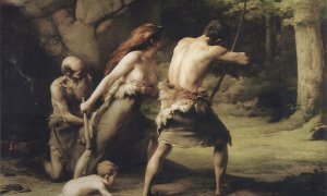 El cuadro de Emmanuel Benner 'El hombre prehistórico cazando osos', que representa a una familia en la que la mujer también aparece empuñando un arma