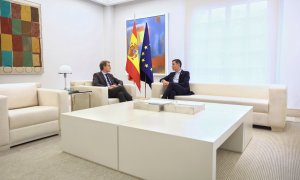 El presidente del Gobierno, Pedro Sánchez (d), y el presidente del PP, Alberto Núñez Feijóo, durante una reunión en el Palacio de la Moncloa. E.P./Eduardo Parra