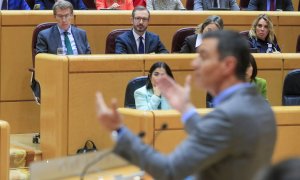 El líder del PP, Alberto Núñez Feijóo (i) junto al senador del PP, Javier Maroto, escuchan la intervención presidente del Gobierno, Pedro Sánchez, en el pleno del Senado donde informa de las últimas medidas económicas y fiscales del Ejecutivo y el papel d