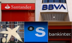 Los logos de los cinco grandes bancos españoles (Banco Santander, BBVA, Caixabank, Banco Sabadell, y Bankinter) en sus respectivas sucursales.