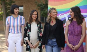 La ministra de Ciencia e Innovación, Diana Morant; la ministra de Derechos Sociales y Agenda 2030, Ione Belarra; la vicepresidenta segunda del Gobierno y ministra de Trabajo, Yolanda Díaz, y la ministra de Igualdad, Irene Montero