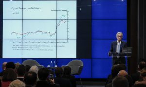 El presidente de la Reserva Federal (Fed), Jerome Powell, durante su intervención en Brookings Institution, en Washington. AFP/Drew Angerer/Getty Images