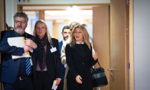 Yolanda Díaz junto a otros líderes en el debate para sacar adelante una 'ley rider' europea.