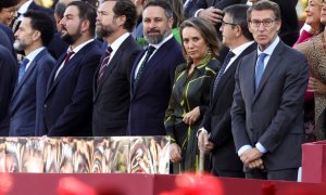 Miembros de Vox, PP y Ciudadanos en el desfile del 12 de octubre. Entre ellos, Santiago Abascal y Alberto Núñez Feijóo.