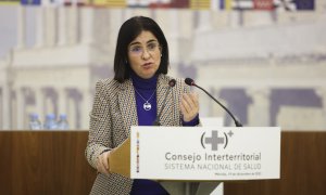 La ministra de Sanidad, Carolina Darias, tras la reunión del Consejo Interterritorial del Sistema Nacional de Salud, este lunes en Mérida.