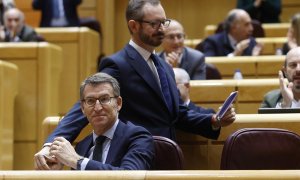 22/12/2022.- El senador Javier Maroto (PP) (de pie) y el líder del PP, Alberto Núñez Feijòo, fotografiados durante el pleno celebrado este jueves en el Senado en Madrid. El pleno del Senado debate y vota este jueves la derogación de la sedición y la rebaj