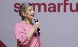 La vicepresidenta segunda del Gobierno, Yolanda Díaz, protagoniza un acto de Sumar en Barcelona, este sábado.