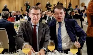 El presidente del PP, Alberto Núñez Feijóo (i) y el  de la Junta de Castilla y León, Alfonso Fernández Mañueco (d), durante un desayuno informativo en Madrid, el pasado mes de noviembre. E.P./Carlos Luján