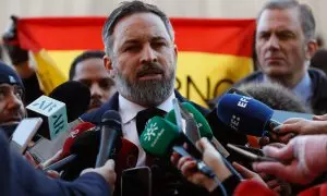 El presidente de Vox, Santiago Abascal (c), hace declaraciones en el Tribunal Constitucional el 19 de enero de 2023.