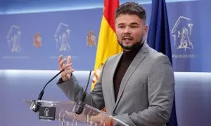 07/02/2023.- El portavoz de ERC, Gabriel Rufián durante la rueda de prensa con motivo de la reunión de la Junta de Portavoces este martes en el Congreso. EFE/Chema Moya