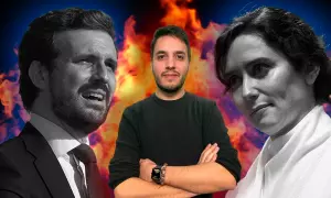 Ilustración de Pablo Casado e Isabel Díaz Ayuso y el periodista Chema Molina.