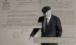 El comisario jubilado José Manuel Villarejo, en un montaje con los documentos sobre la recompensa y condecoración que ganó en la operación policial contra el FRAP, en el verano de 1975