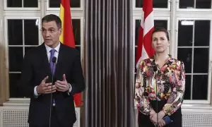 El presidente del Gobierno, Pedro Sánchez, durante un encuentro bilateral con la primera ministra danesa, Mette Frederiksen, en su residencia oficial en Copenhague este 2 de marzo de 2023.