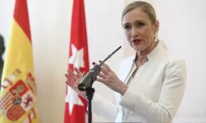 Cristina Cifuentes anuncia en rueda de prensa su dimisión como presidenta de la Comunidad de Madrid, el 25 de4 abril de 2018