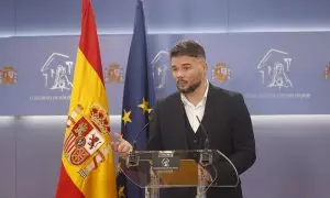 14/03/2023.- El portavoz de ERC en el Congreso, Gabriel Rufián durante la rueda de prensa previa a la reunión de la Junta de Portavoces, este martes en el Congreso. EFE/