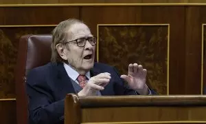 21/03/2023.- El profesor Ramón Tamames durante el debate de la moción de censura de VOX contra el presidente del Gobierno, Pedro Sánchez, con Tamames como candidato a la Presidencia, este martes en el Congreso de los Diputados. EFE/Chema Moya