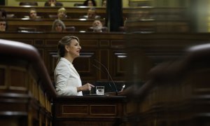 Yolanda Díaz responde a Ramón Tamames en el Congreso durante el debate de la moción de censura de Vox.