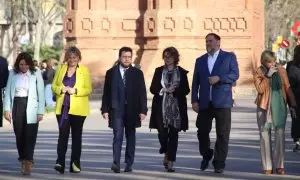 29/03/2023 - Membres del Govern, com el president Pere Aragonès, i dirigents d'ERC, com Oriol Junqueras, acompanyant Meritxell Serret abans del seu judici al TSJC d'aquest dimecres.