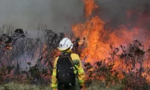 Un efectivo de la Xunta con base en Becerreá trabajan para extinguir las llamas en un incendio forestal, a 29 de marzo de 2023, en Baleira, Lugo, Galicia (España).