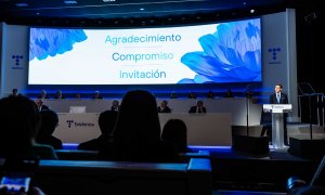 El presidente ejecutivo de Telefónica, José María Álvarez-Pallete López, durante su intervención en la junta de accionistas de la operadora.