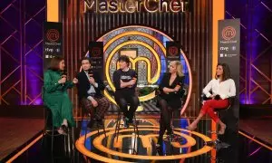 Los chefs Samantha Vallejo-Nágera, Pepe Rodríguez y Jordi Cruz, la presentadora María Eizaguirre y la CEO de Shine Iberia, Macarena Rey, durante la presentación de la undécima edición del programa ‘Masterchef