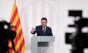 El presidente de la Generalitat de Catalunya, Pere Aragonès, interviene durante una rueda de prensa tras el Consell Executiu, en el Palau de la Generalitat, a 11 de abril de 2023, en Barcelona.