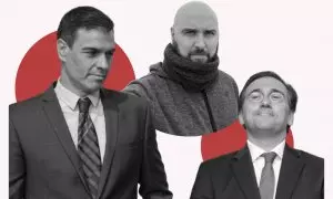 Composición de la imagen de EFE del presidente del Gobierno, Pedro Sánchez, y el ministro de Asuntos Exteriores, José Manuel Albares, con una fotografía del periodista Pablo González al fondo.