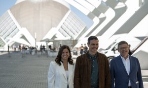 21/04/2023. Sandra Gómez, Pedro Sánchez, y Ximo Puig, en Conferencia Municipal del PSOE, en la Ciudad de las Artes y las Ciencias, a 16 de abril de 2023.