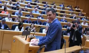 El presidente del Gobierno, Pedro Sánchez, interviene durante el pleno del Senado, a 25 de abril de 2023, en Madrid.