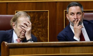 Ramón Tamames y Santiago Abascal, líder de Vox, en el Congreso.