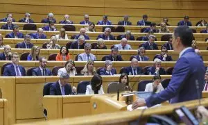 25/04/2023.- El presidente del Gobierno, Pedro Sánchez, en el pleno del Senado durante su comparecencia, la quinta monográfica de la legislatura, este martes en Madrid. EFE/ Kiko Huesca