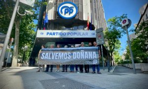 Activistas de Ecologistas en Acción sujetan una pancarta frente a la sede del PP en Madrid para protestar por la gestión de Doñana.