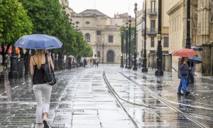 Varias personas se protegen de la lluvia el pasado jueves en la Avenida de La Constitución de Sevilla.