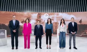 Los candidatos a la Alcaldía de Madrid, Javier Ortega Smith (Vox), Reyes Maroto (PSOE), José Luis Martínez-Almeida (PP), Rita Maestre (Más Madrid), Begoña Villaccís (Ciudadanos), Roberto Sotomayor (Podemos), durante el debate electoral de los candidatos a