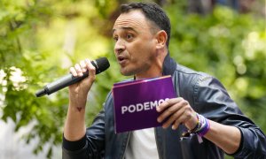 Roberto Sotomayor, candidato la alcaldía de la capital participa este domingo en el acto central de campaña de Podemos-IU-AV en Madrid.