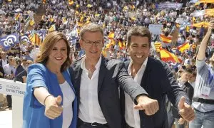 28/5/3 El presidente del PP, Alberto Núñez Feijó en un mitin en Valéncia junto al candidato del PP a la Presidencia de la Generalitat, Carlos Mazón (d), y la candidata a la Alcaldía, María José Catalá (i).