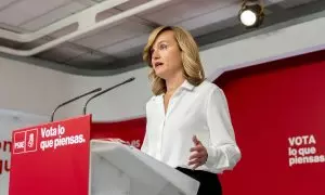 La portavoz del PSOE y ministra de Educación y Formación Profesional, Pilar Alegría, interviene comparecencia durante el seguimiento de la jornada electoral en la sede federal del PSOE.