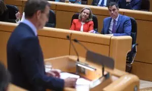 La vicepresidenta primera y ministra de Asuntos Económicos y Transformación Digital, Nadia Calviño, y el presidente del Gobierno, Pedro Sánchez, durante un pleno del Senado, a 25 de abril de 2023, en Madrid (España). Sánchez y Feijóo se enfrentan hoy a su