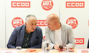 Los secretarios generales de CCOO y UGT, Unai Sordo y Pepe Álvarez, durante una rueda de prensa, a 7 de junio de 2023, en Madrid.