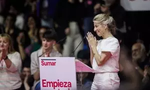 La ministra de Trabajo y vicepresidenta segunda, Yolanda Díaz, durante un acto de Sumar en Madrid, a 2 de abril de 2023.