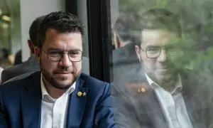 El presidente de la Generalitat, Pere Aragonès, durante el acto conmemorativo del 20 aniversario del Cremallera de Montserrat, este domingo.